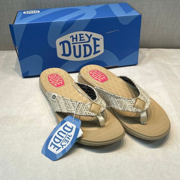 NEW Hey Dude Christi Flip Surf Baja Flip Flops Sandals Womens Sz 11 Tan Woven - Picture 1 of 9